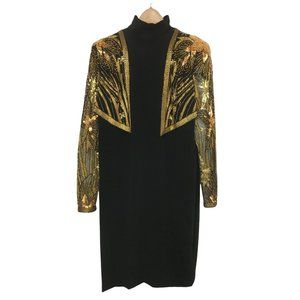 Bob Mackie Evening Sz 12 Black Dress Gold Beaded Sequin Sheath